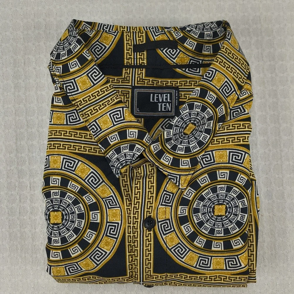 Level Ten Mens Large Black Gold Greek Key Medusa Baroque Print Button Down Shirt